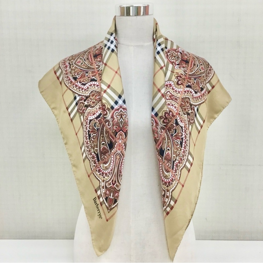 Burberrys Tan and Red Nova Check and Paisley Silk Scarf - Picture 8 of 8